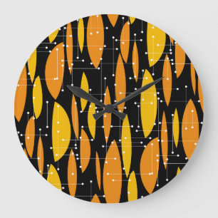 Atomic, schwarz-orange geometrisches Muster. Große Wanduhr