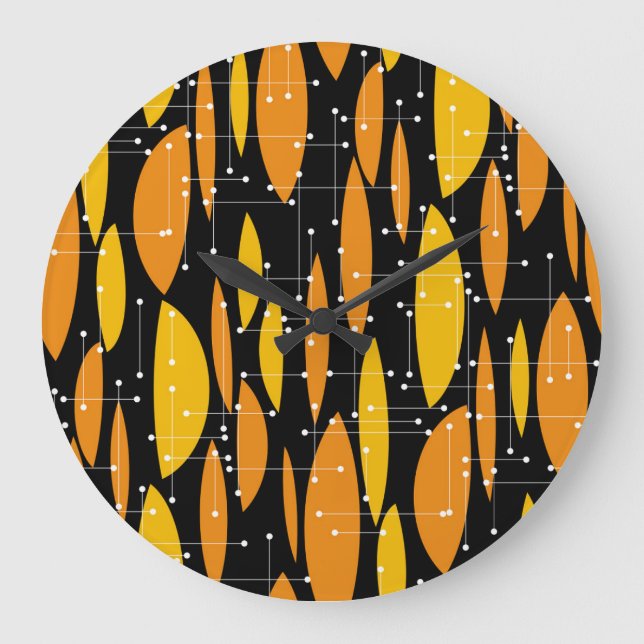 Atomic, schwarz-orange geometrisches Muster. Große Wanduhr (Vorderseite)