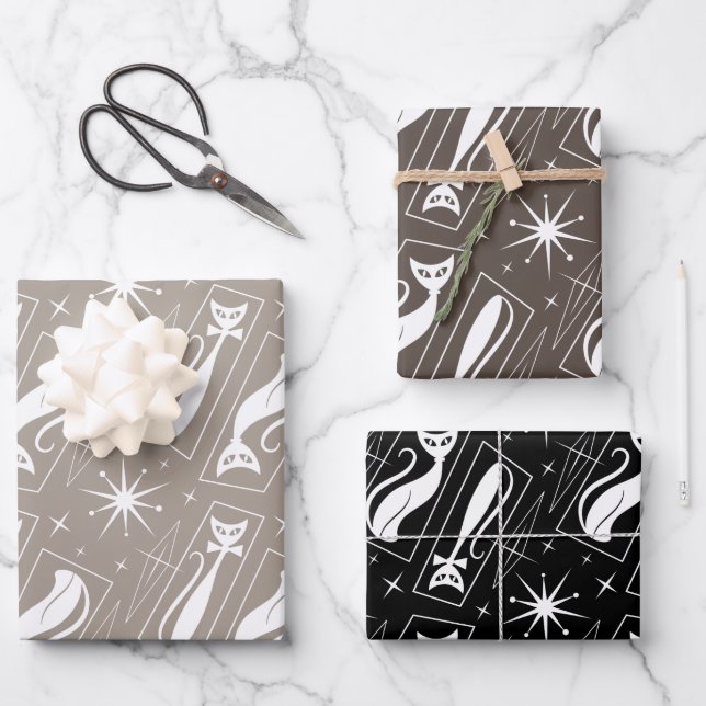 Atomic Star Cat MidCentury Modern Christmas MCM Geschenkpapier Set (Vorderseite)