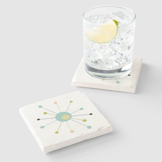 Atomic Sternexplosion Aqua Blue Yellow Mid Mod Steinuntersetzer (Seitenansicht)