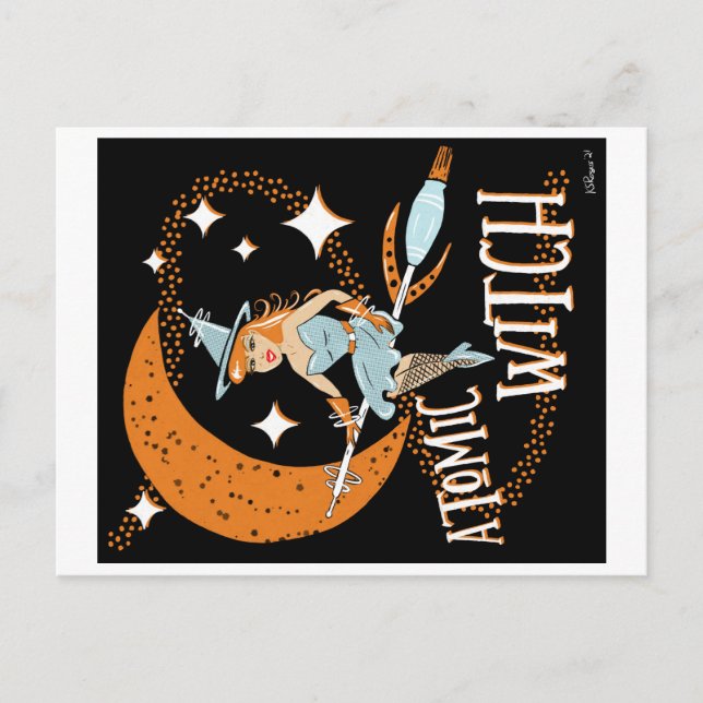 Atomic Witch Retro Vintage Pinup Girl Halloween Postkarte (Vorderseite)