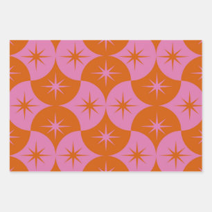 Atomische Sternexplosionen auf rosa Orangen Scallo Geschenkpapier Set