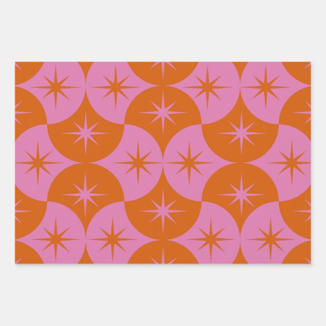 Atomische Sternexplosionen auf rosa Orangen Scallo Geschenkpapier Set (Vorderseite)