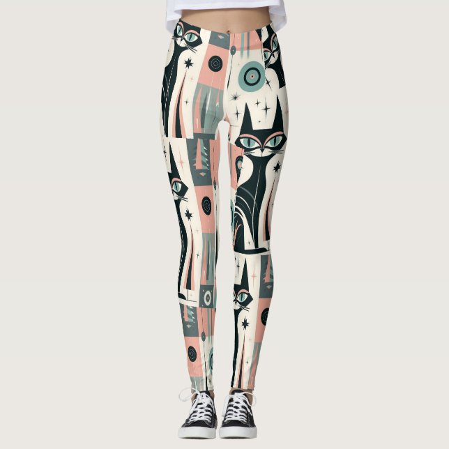 Atomisches Rosa Türkis Mittelalter Katze Muster Leggings (Vorderseite)
