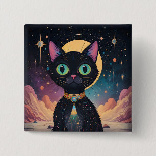 Atomistische futuristische kosmische schwarze Katz Button