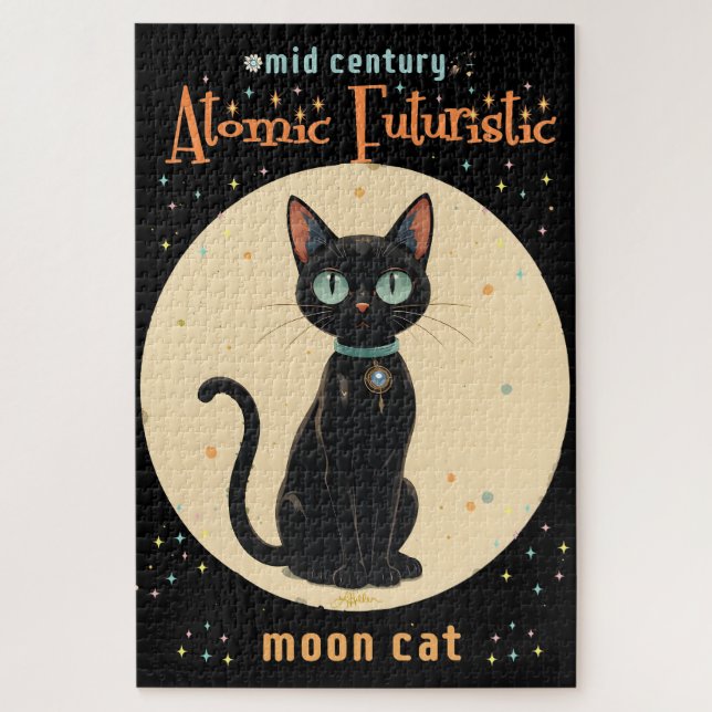 Atomistische futuristische schwarze Katzenmond mit Puzzle (Vertikal)