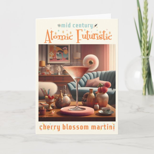 Atomistischer futuristischer Kirschblüten-Martini Karte (Vorderseite)