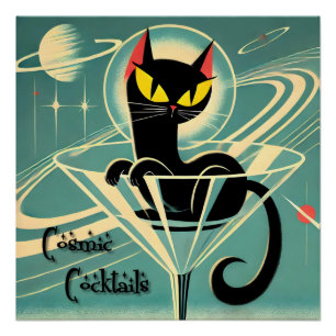 Atomistischer futuristischer Weltraum-Schwarze-Kat Poster