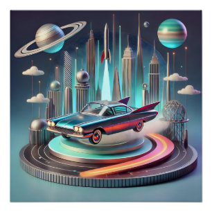 Atomistisches futuristisches Großflossen-Coupe-Aut Poster