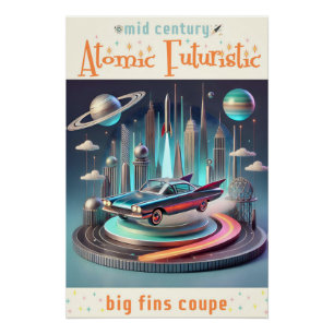 Atomistisches futuristisches Großflossen-Coupe-Aut Poster