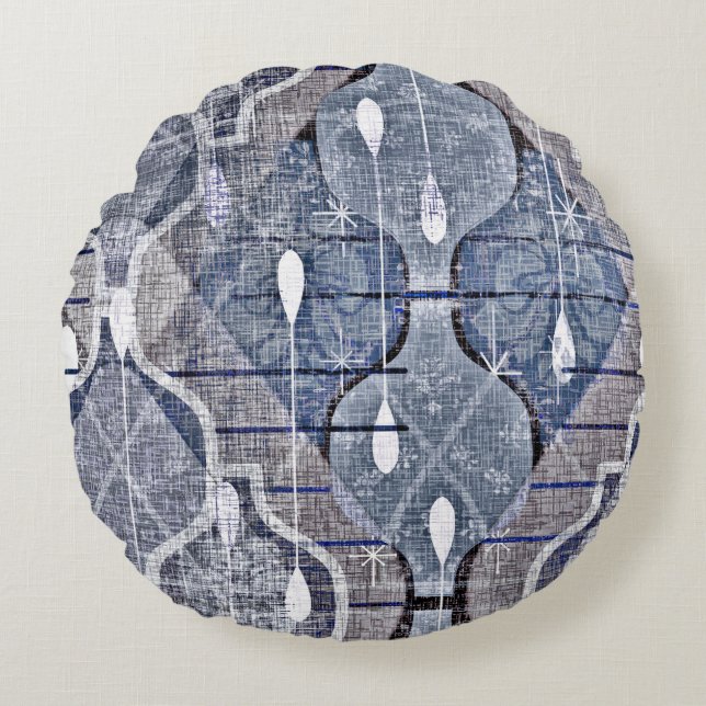 Atomogee Blue Gray Modernes Bauernhaus Mitte des J Rundes Kissen (Vorderseite)