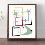 Atomplätze Sterne und Boomerang Mitte Jahrhundert Poster<br><div class="desc">Füge diesen lustigen und farbenfrohen Splash zu deiner Wand mit diesem fabelhaften atomaren Zeitalter Mitte des Jahrhunderts modernes Poster hinzu! Dieses Design bietet abstrakte Quadrate,  Sternexplosionen und einen Bumerang in den Farben Rot,  Grün,  Blau,  Gelb und Schwarz... so funky!</div>