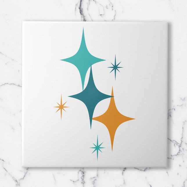 Atomstars aus der Mitte des Jahrhunderts Weißes Aq Fliese (Mid Century Atomic Stars White Teal Aqua Orange Ceramic Tile)