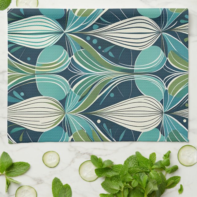 Atomtropfen Mitte des Jahrhunderts blaues grünes M Geschirrtuch (Gefaltet)