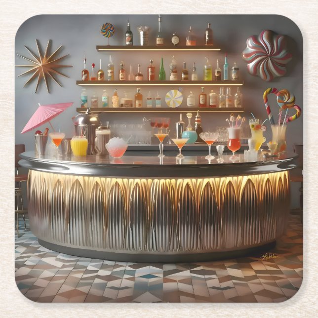 Atomwaffenfuturistisches Party-Bar Mitte des Jahrh Rechteckiger Pappuntersetzer (Vorderseite)