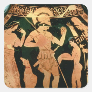 Attic Red Figur Vase zeigt einen Soldaten, der p Quadratischer Aufkleber