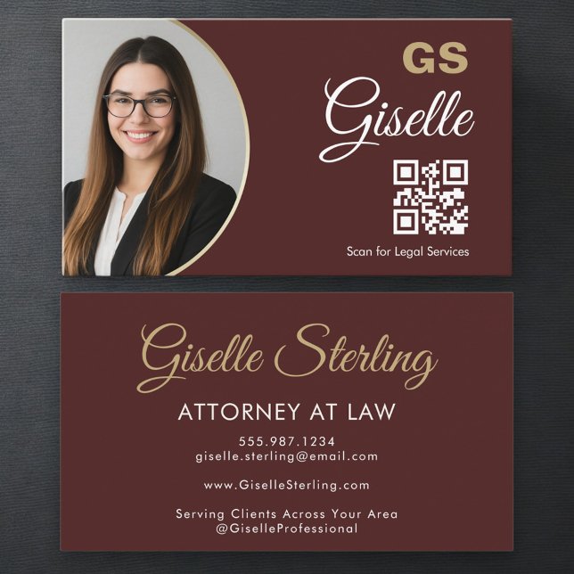 Attorney at Law Burgundy Gold Photo QR Code  Visitenkarte (Von Creator hochgeladen)