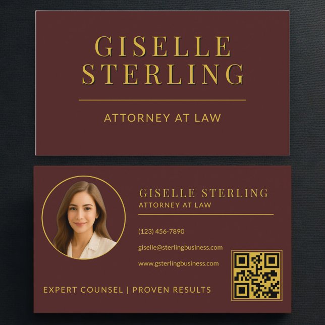 Attorney at Law Burgundy Gold Photo QR Code Visitenkarte (Von Creator hochgeladen)