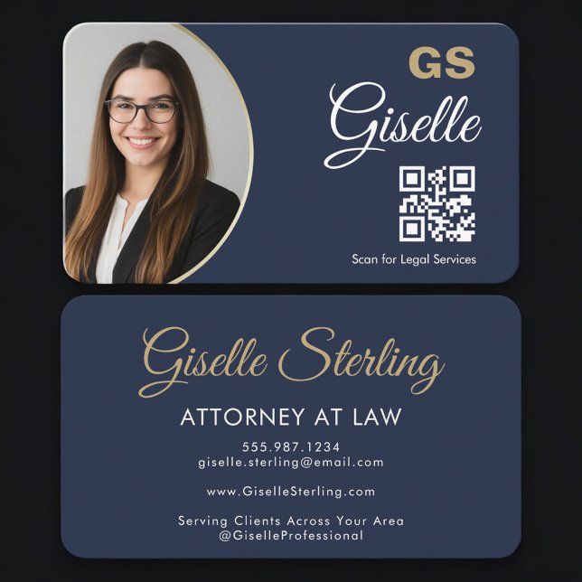 Attorney at Law QR Code Photo Navy Blue Gold  Visitenkarte (Von Creator hochgeladen)