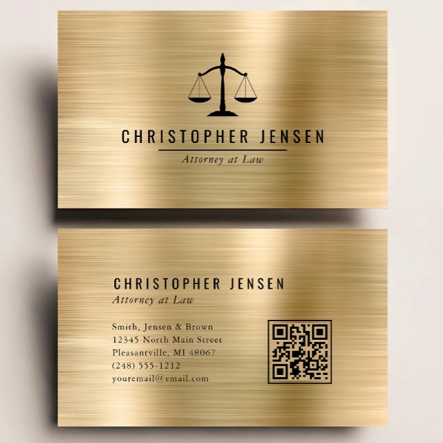 Attorney QR Code Black Scales Gold Brushed Metal Visitenkarte (Von Creator hochgeladen)