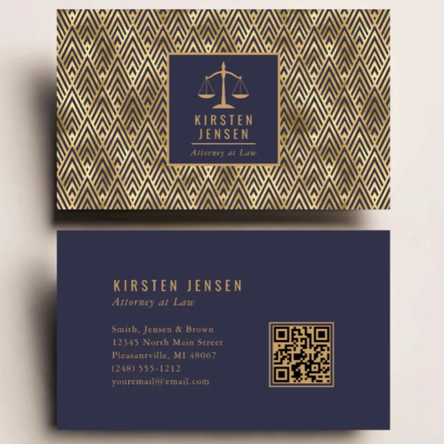 Attorney QR Code Blue Gold Geometric Deco Pattern Visitenkarte (Von Creator hochgeladen)