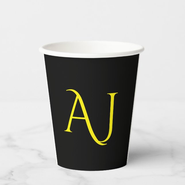 Attractive Monogram Yellow Black Modern Minimalist Pappbecher (Vorderseite)