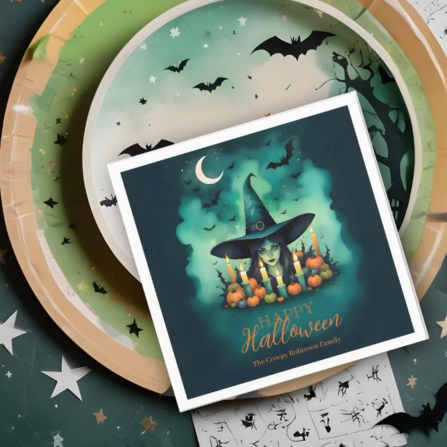 Attractive & Mystical Halloween Witch Conjures Serviette (Attractive & Mystical Halloween Witch Conjures Napkins.)