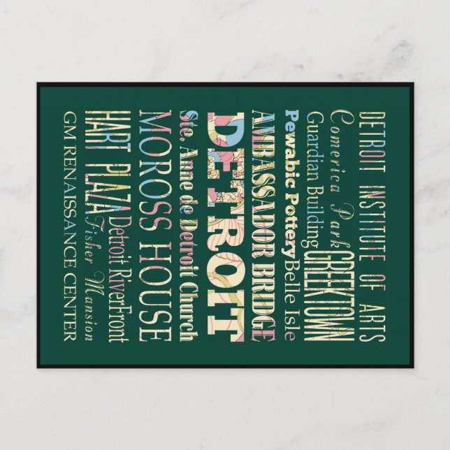 Attraktionen & berühmte Orte von Detroit, Michigan Postkarte (Vorderseite)