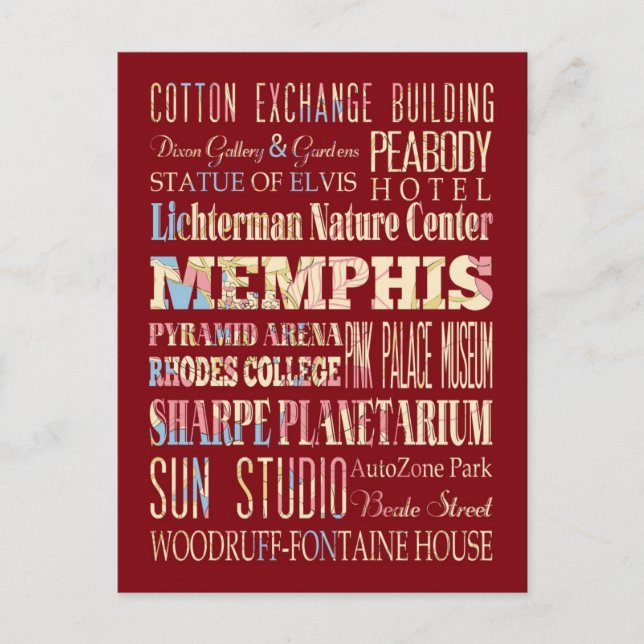 Attraktionen & berühmte Orte von Memphis, Tennesse Postkarte (Vorderseite)