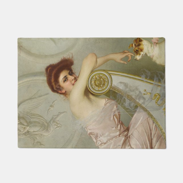 Attraktive junge Lady streichelt ihren Welpen Hund Fußmatte (Vorderseite)