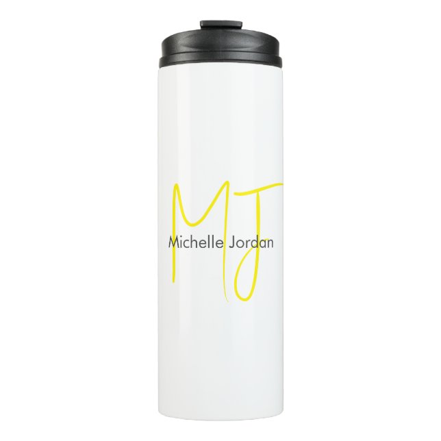 Attraktive Monogram gelb weiß Moderne Minimalistis Thermosbecher (Vorderseite)