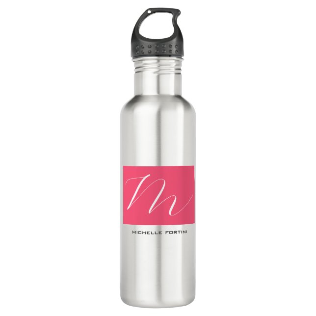 Attraktive Monogram Pink White Modern Schlicht Edelstahlflasche (Vorderseite)