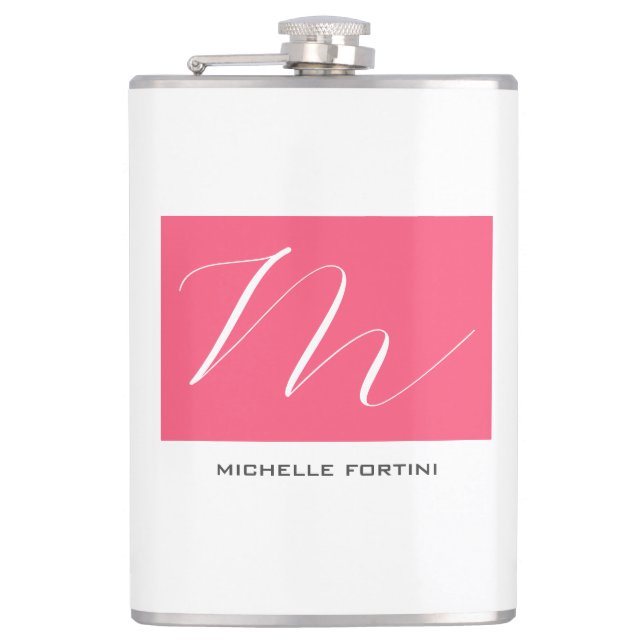 Attraktive Monogram Pink White Modern Schlicht Flachmann (Vorderseite)