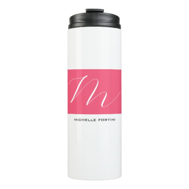 Attraktive Monogram Pink White Modern Schlicht Thermosbecher (Vorderseite)