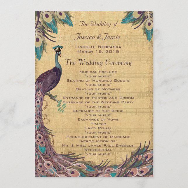 Aubergine-Aquamarin-alters Pfau-Hochzeitsprogramm Programm (Vorderseite)