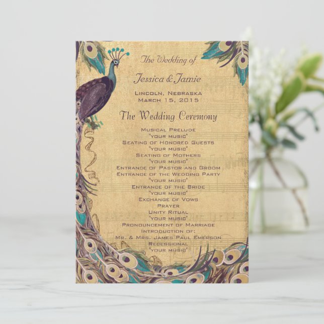Aubergine-Aquamarin-Vintage-Pfau-Hochzeitsprogramm Programm (Stehend Vorderseite)