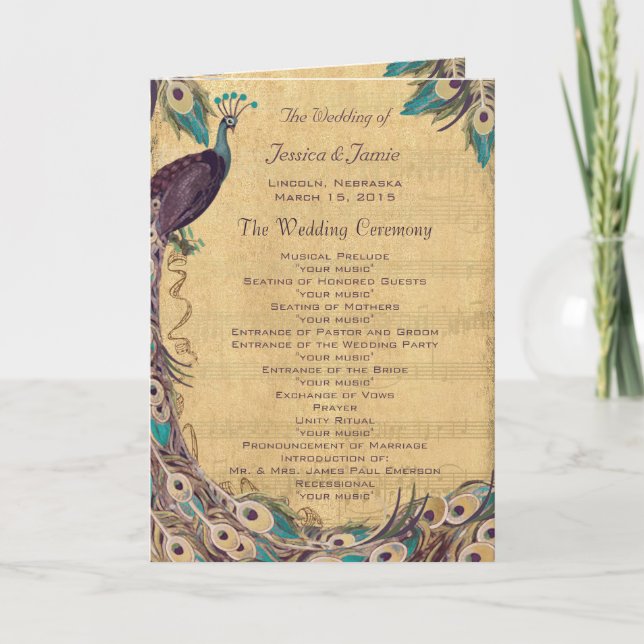 Aubergine-Aquavintage-Pfau-Hochzeitsprogramm Programm (Vorderseite)