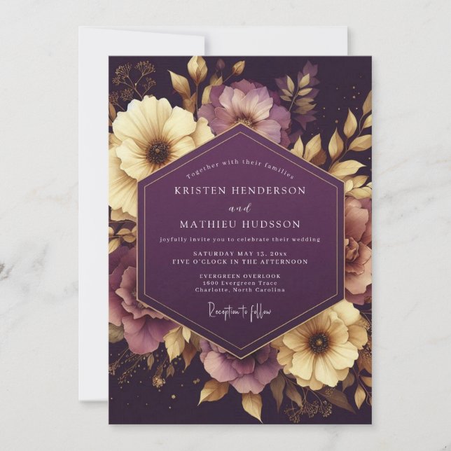 Aubergine Baroque Bloom Wedding Einladung (Vorderseite)