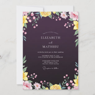 Aubergine Bemalte Wildblumen-Hochzeit Einladung