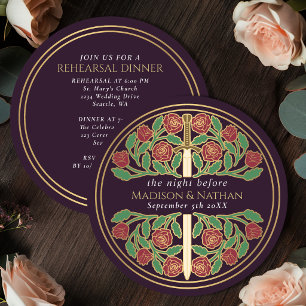 Aubergine Gold Floral Schwert Hochzeitsprobe Einladung