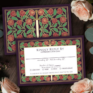 Aubergine Gold Floral Schwert Königliche Hochzeit RSVP Karte