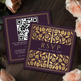 Aubergine Goldschwert Königliche Hochzeit RSVP QR Begleitkarte