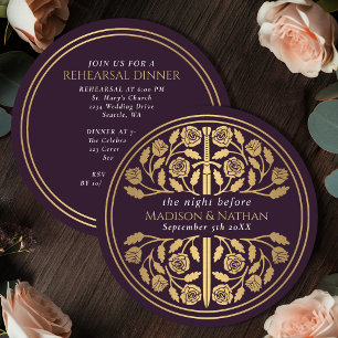 Aubergine Goldschwert Königliche Hochzeitsprobe Einladung