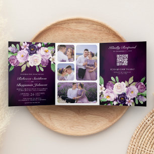 Aubergine Lila Floral QR Code Dunkle Moody Hochzei Dreifach Gefaltete Einladung