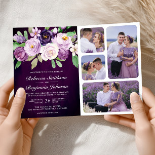Aubergine Lila Floral QR Code Dunkle Moody Hochzei Einladung