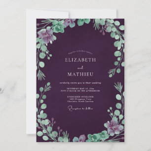 Aubergine Meeresschaum Laub Eukalyptus Hochzeit Einladung