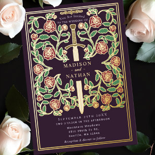 Aubergine-Schwert-Blumen-Mittelalter-Fantasy-Hochz Folieneinladung