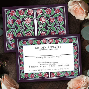 Aubergine Silber Blumen Schwert Königliche Hochzei RSVP Karte