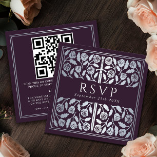 Aubergine Silber-Schwert Royal Hochzeit RSVP QR Co Begleitkarte