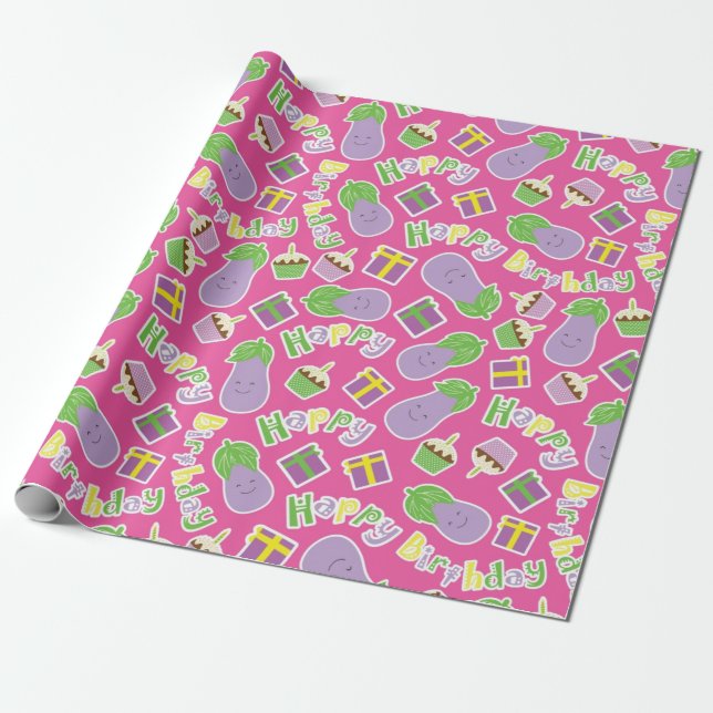 Auberginen-Geburtstagsmuster Geschenkpapier (Ungerollt)